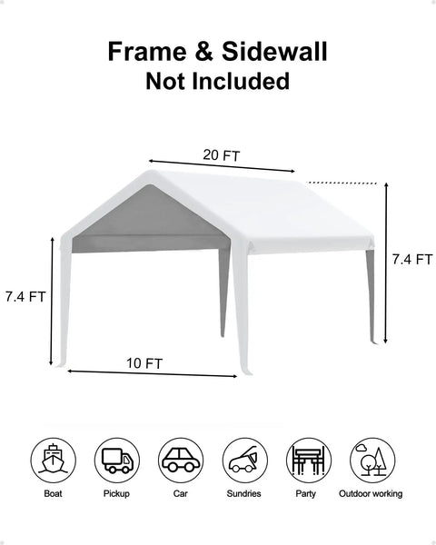 Replacement Top Cover For 10x20 Carport Canopy, Heavy Duty 180G PE Tarp, Waterproof And UV Protected, White With Ball Bungees