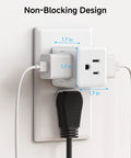 3 Pack White 90 Degree Wall Outlet Extender That Turns One Socket Into Three Extra Plugs showing non-blocking design with measurements.