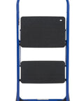 Front view of Two Step Steel Stool With Rubber Hand Grip In Blue For Home Use, Lightweight And Durable, Non Marring Feet, Extra Large Slip Resistant Step, Stable Design For Cabinets Closets Cleaning And Everyday Tasks.