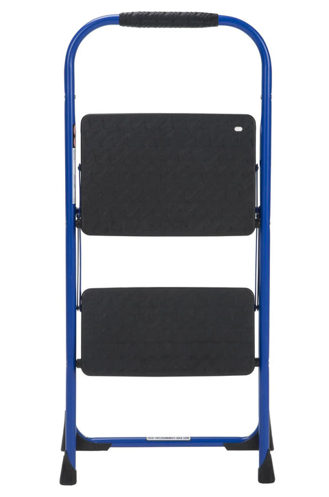 Front view of Two Step Steel Stool With Rubber Hand Grip In Blue For Home Use, Lightweight And Durable, Non Marring Feet, Extra Large Slip Resistant Step, Stable Design For Cabinets Closets Cleaning And Everyday Tasks.