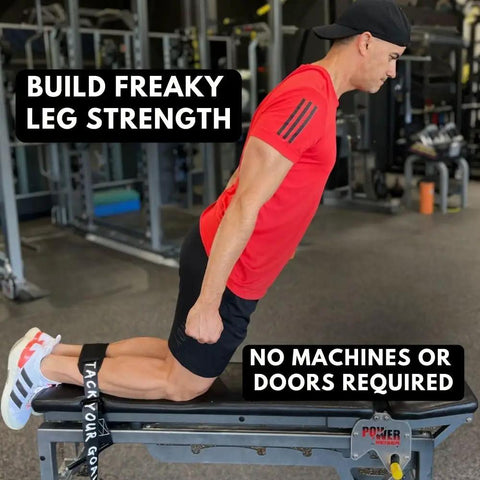 Man using Nordic Curl Strap Heavy Duty Leg Curl Attachment With Easy 10 Second Setup No Slip Seatbelt Material Built To 1000 Lbs