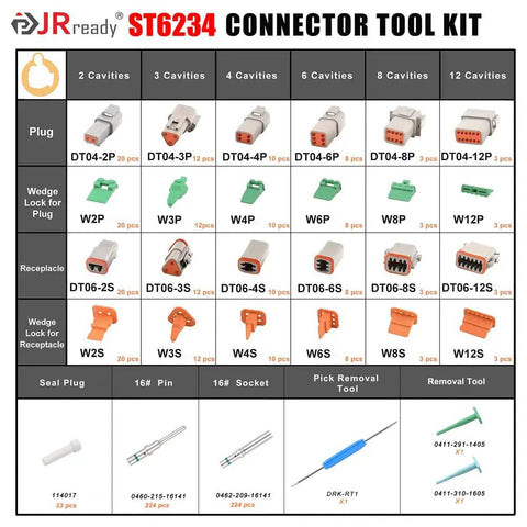 DT Deutsch Connector Kit 708-Piece Pro Grade Set With 2 3 4 6 8 12 Pin Gray Waterproof IP67 Electrical Connectors layout diagram