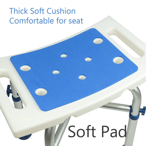 Heavy Duty Shower Stool With 500 Lb Capacity Tool Free Assembly Anti Slip Bath Chair Height Adjustable Seat showing blue padded area