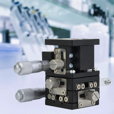 Manual XYZ Linear Stage With 40x40mm Sliding Table For Optical Instruments, Smooth Intersect Roller Guide, shown on a lab bench
