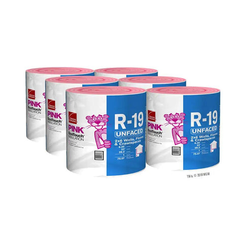 Premium Pink Fiberglass Insulation Batts For Interior Walls And Attic Cavities Heavy Duty Unfaced Design in rolls, R-19 rating for efficient insulation.