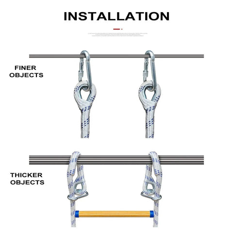 Installation guide showing Heavy Duty Emergency Fire Escape Ladder With Quick Deploy Hooks for finer and thicker objects.