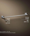 Square 24 Inch Towel Bar In Polished Chrome Dope Modern Bathroom Accessory With Clean Lines Easy Mount Durable Steel Complements Other Square Fixtures For A Cohesive Look And Feel, side view with dimensions