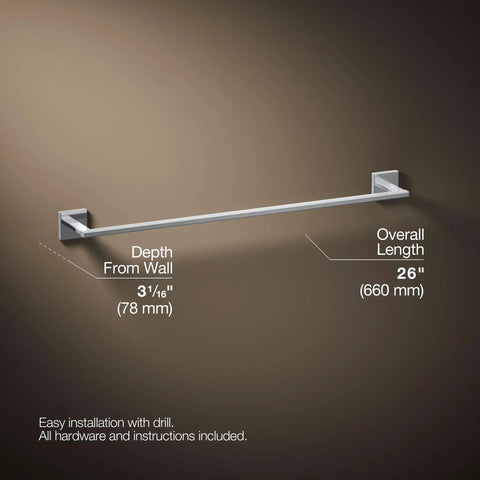 Square 24 Inch Towel Bar In Polished Chrome Dope Modern Bathroom Accessory With Clean Lines Easy Mount Durable Steel Complements Other Square Fixtures For A Cohesive Look And Feel, side view with dimensions