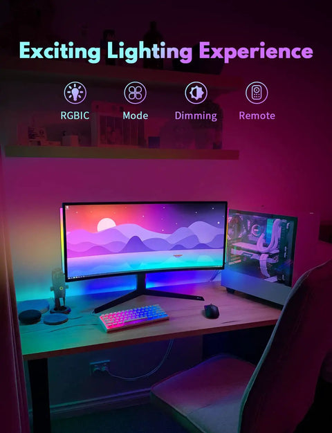 Exciting lighting setup with Two Pack RGB Under Monitor Lights With 353 Color Modes And Remote Control for gaming desk.