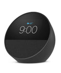 Dope Wireless Smart Alarm Clock With Sleek Build And Thumping Bass Solid For Nightstands Or Kitchens Checks Weather Streams Tracks Manages Connected Devices Glossy Black, round design with time display.