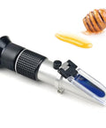 3 In 1 Honey Refractometer With ATC For Honey Moisture Brix And Baume Readings 12 27 Percent Moisture 58 90 Percent Brix 38 43 Percent Baume For Honey Maple Syrup And Molasses Beekeeping Essential handheld metal honey tester with clear prism cover