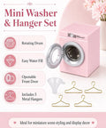 Insanely Detailed One To Twelve Scale Miniature Washing Machine With Five Metal Hangers And Rotating Drum Front Load Washer Replica displayed with open door and funnel.