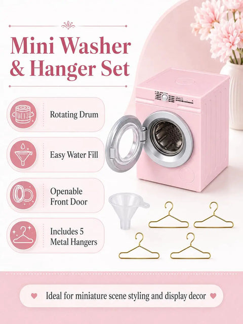 Insanely Detailed One To Twelve Scale Miniature Washing Machine With Five Metal Hangers And Rotating Drum Front Load Washer Replica displayed with open door and funnel.
