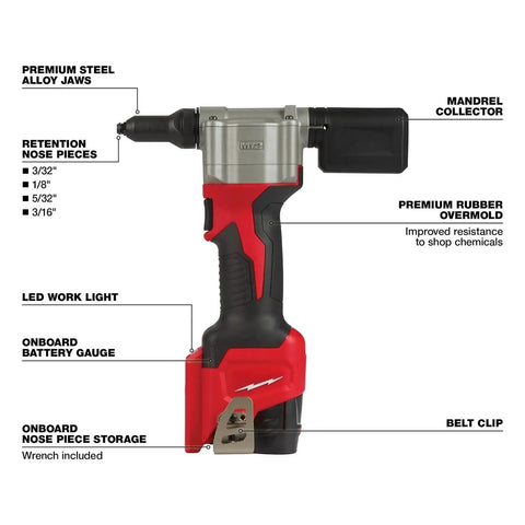 Heavy Duty 10.75 Inch M12 Cordless Rivet Tool Kit featuring 2000 Pound Pull Force and Premium Steel Alloy Jaws detail.