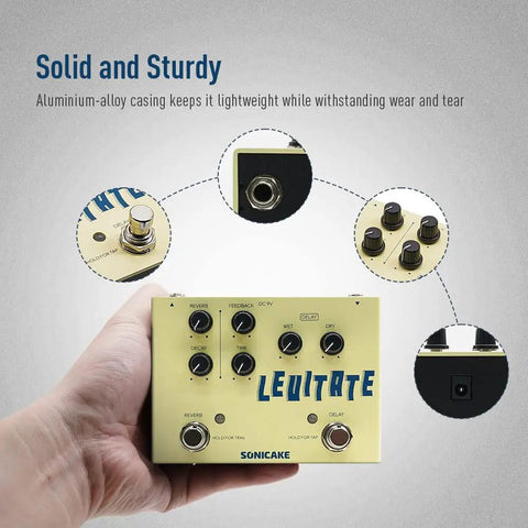 Delay And Reverb 2 In 1 Guitar Pedal With Tap Tempo Trail Decay And Buffer Bypass For Pristine Live Tone Digital Plate Reverb And Up To 2000ms Delay Dope Tone shown in hand with close-up on controls and aluminum-alloy casing.