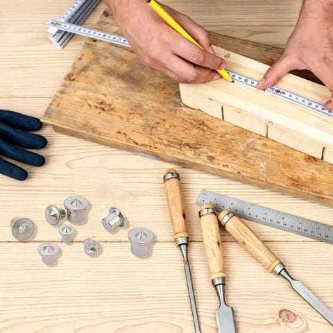 72 Pc Stainless Steel Dowel Center Pins Set Four Sizes for woodworking, with tools and wood in background, showcasing precise marking