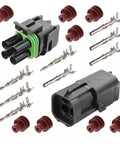 Heavy Duty Weather Pack 4 Pin Sealed Connector Kit For 14-16 AWG Wire Perfect For Automotive And Industrial Projects With Super Secure Crimp Seal For Reliable Connections That Stand Up To Any Weather Conditions. 4-pin connector kit with terminals and red seals