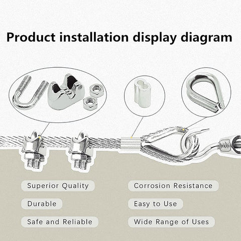 Product installation display diagram of Heavy Duty 1/16 Inch 304 Stainless Steel Wire Rope Kit with cable clips and turnbuckle details.