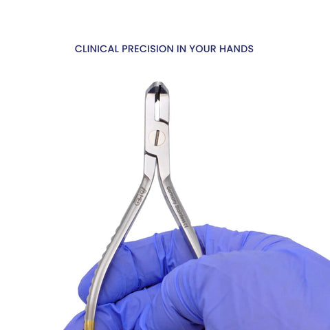 Pro Grade Tungsten Carbide Distal End Cutter for Orthodontics, 5.5 Inch Wire Cutter With Flush Trim, Cuts Hard Archwires Up To 0.022 By 0.028 Inch, Precision Pliers, Stainless Autoclavable Dental Tool, held in gloved hand