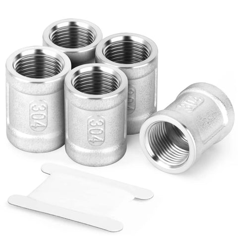 Five Piece 304 Stainless Steel Cast Pipe Fittings Coupling Set 1 Inch By 1 Inch NPT Female Threaded High Pressure Up To 300 PSI