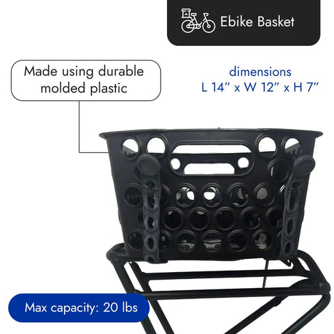 Rack Ready Universal E Bike Basket Easy On Off Fits Any Rack Including Electric Bikes With Rear Batteries No Fuss Heavy Duty Molded PP 14 By 12 By 7 Inches 850 Cubic Inches 25 Pound Capacity Lightweight 2 Pound Basket