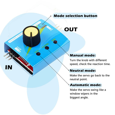 Front view: Wishiot Micro Servo Tester Kit in blue with large black knob and IN/OUT ports.
