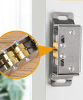 Close-up of Double Roller Door Catch Latch for Cabinets and Cupboards, heavy duty stainless steel, installed on a door frame
