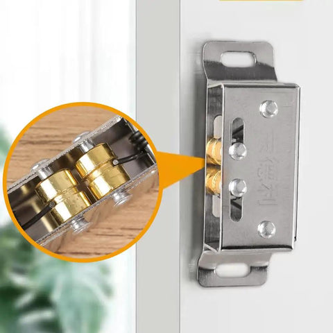 Close-up of Double Roller Door Catch Latch for Cabinets and Cupboards, heavy duty stainless steel, installed on a door frame