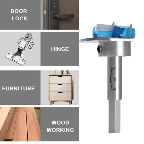 Heavy Duty Tungsten Carbide Forstner Bit crushes through hardwood; features adjustable depth stop and secure hex shank for precise drilling.