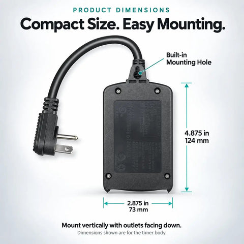 Heavy Duty Outdoor Light Timer Featuring Dusk To Dawn Photocell Sensor And Dual Grounded Outlets Waterproof Build dimensions and mounting details.
