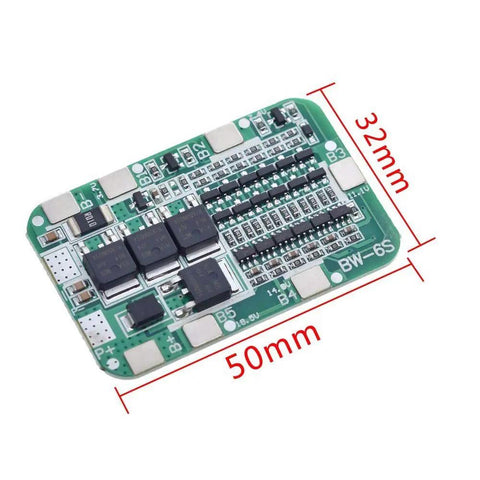 Beefy 6S Lithium Battery BMS Board 25.2V 15A 18650 Cell Protector Smart Charging Module with measurements, green circuit board design.