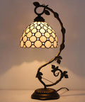 Tiffany Style Table Lamp With Cream Stained Glass Pearl Design, Metal Leaf Base, 8x10x21 Inch Desk Light, S005 Series