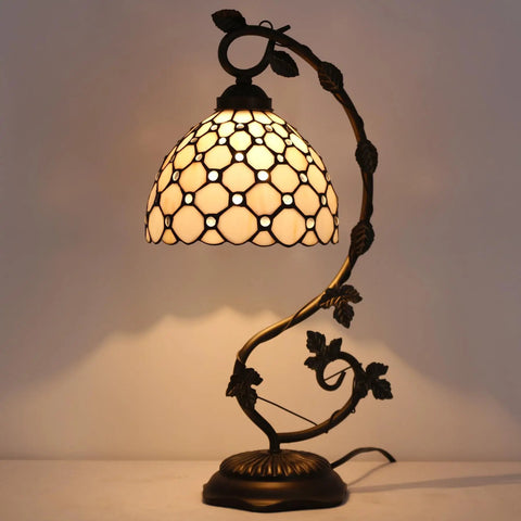 Tiffany Style Table Lamp With Cream Stained Glass Pearl Design, Metal Leaf Base, 8x10x21 Inch Desk Light, S005 Series