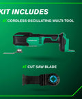 Cordless Oscillating Multi Tool For DIY Pros With 6 Speed Settings Low Vibration Design Universal StarLock System Lightweight 2.6 Lb Body Only Cuts Wood Metal Drywall PVC In Tight Spaces shown with cut saw blade