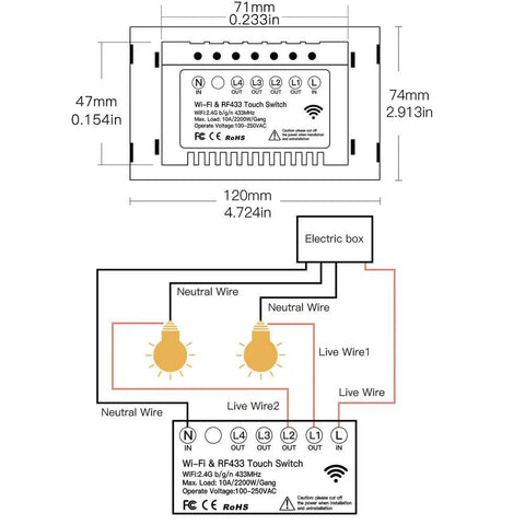 Installation diagram for 2.4GHz WiFi Wall Touch Smart Switch With Neutral Wire Required Three Way Glass Panel Light Switch, dimensions labeled
