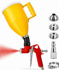 Heavy Duty Wall Texture Sprayer With Large Hopper Gun and Versatile Nozzle Tips for Drywall Ceilings Stucco and Popcorn Textures, showing nozzle tips and material spray.