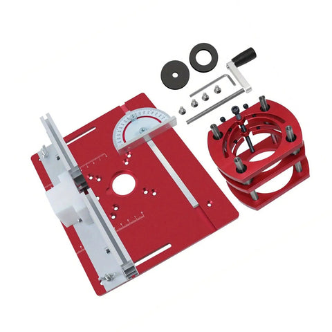 Aluminum Router Table Lift Kit With Knucklehead Proof Calibration And Reinforced Insert Plate Base, red components and hardware setup.