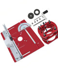 Premium Router Lift Kit With Aluminum Base Plate And Insert Plate For Woodworking, includes precision components in red.