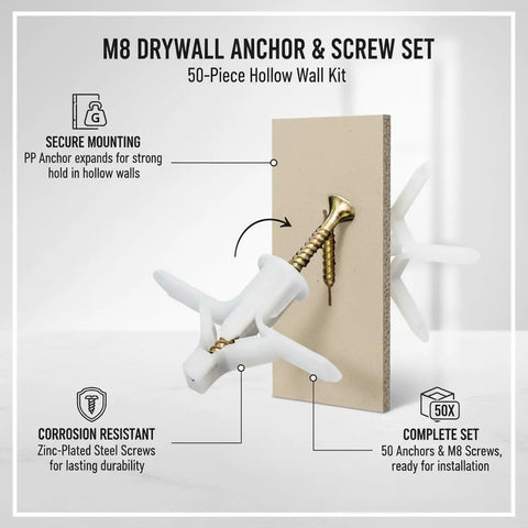 Cross-section of 50 Pack M8 Drywall Anchors With Zinc Plated Screws For Hollow Walls Heavy Duty Anchor Kit That Holds Tight On Gypsum Board.