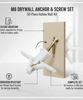 50 Pack M8 Drywall Anchors With Zinc Plated Screws Heavy Duty Hollow Wall Anchor Kit For Secure Mounting On Gypsum Board Perfect For Shelves TV Brackets And Other Wall Mounts displayed with anchor and screw penetrating drywall sample