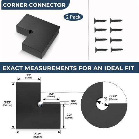 Top Tier Bulletproof Black Corner Connector For 90 Degree Cable Deck Hand Rail High Strength Pom Top Rail Fitting Seamless Hidden Joining Hardware Two Pack with detailed measurements.