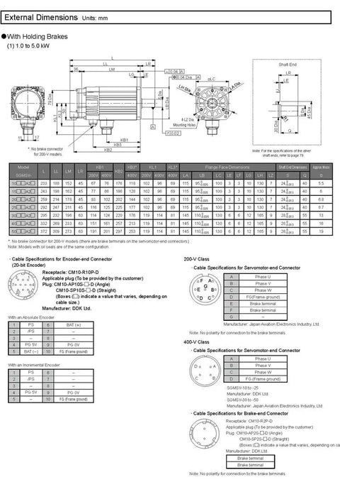SGMSV-10ADA61 servo motor front and side schematic with external dimensions