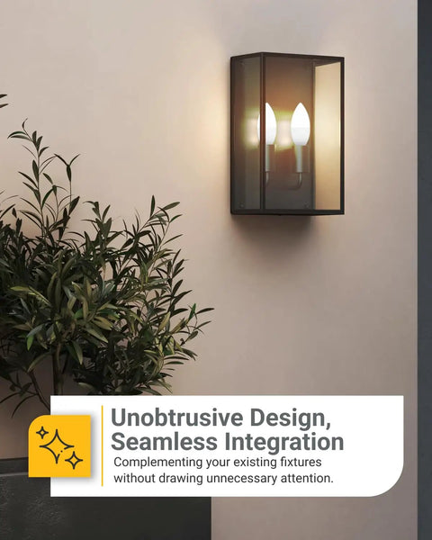 Dusk To Dawn Outdoor LED B11 Candelabra Bulb With Photocell Sensor in wall sconce, UL Listed, E12 frosted finish, 3000K warm white