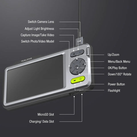 Dual Lens Inspection Camera With 5 Inch IPS Screen And LED Light Dope HD Borescope Endoscope buttons and labels shown