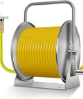 Heavy Duty Retractable Garden Hose Reel Stainless Steel Water Hose Cart with yellow hose and brass fittings, outdoor use.