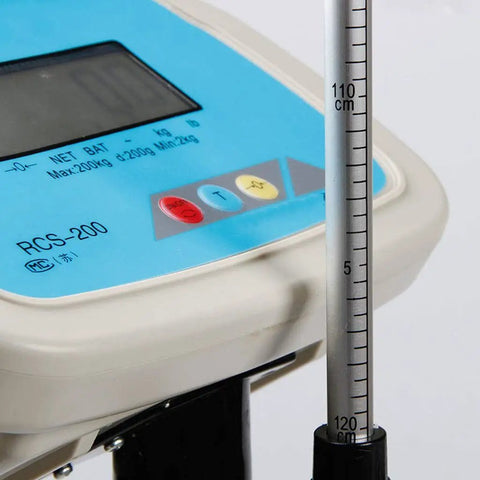 Close-up of Hassle Free Heavy Duty Digital Floor Scale Waterproof with clear display and height measurement ruler.