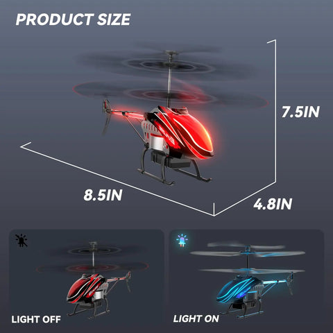 Kid Friendly RC Helicopter With Dual Batteries For Up To 30 Minute Flight, shown with dimensions and LED light modes
