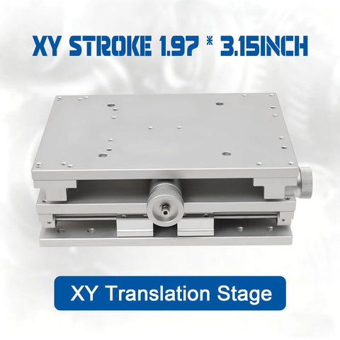 Pro Grade 2D 2 Axis Laser Marker Stand With XY Positioning featuring polished aluminum platform, 8.2x5 inch table, 80mm X 50mm stroke.