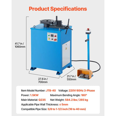 Heavy Duty Electric Pipe Bender Providing No Sweat Bending For Fast Metal Fabrication Featuring Five Precision Steel Dies Auto Manual Operation And Real Deal One Eighty Degree Range For Serious Shop Projects Daily with control panel and foot pedal.