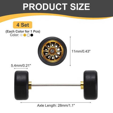 4 Piece 1/64 Scale Wheel And Tire Set With Real Riders Rims For RC Diecast Cars DIY Models Includes Axles, 10 Spoke